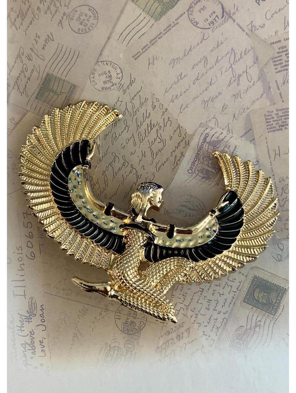 Gold-Tone Winged Goddess Isis Egyptian Revival Statement Brooch